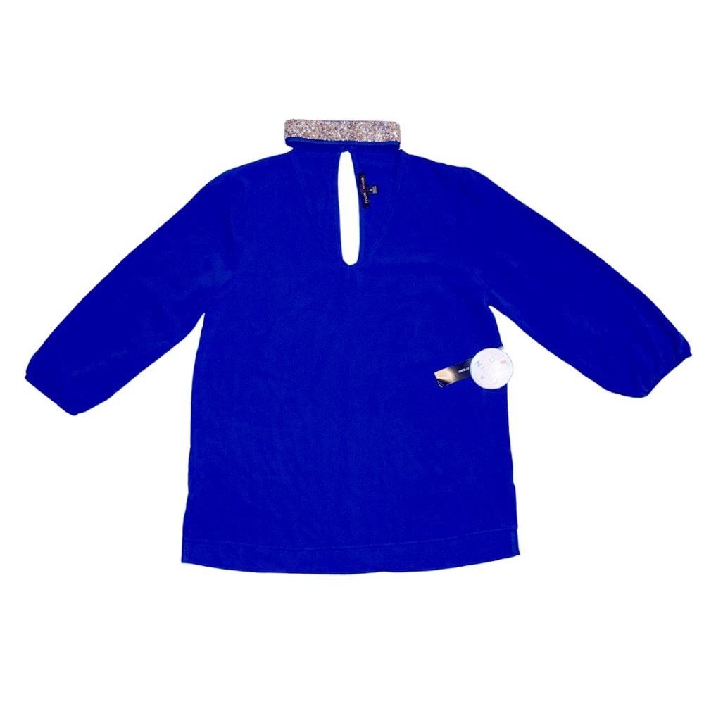 MOAMOA | NWT | Rhinestone Embellished Collar Sheer Blouse Cobalt Blue Small